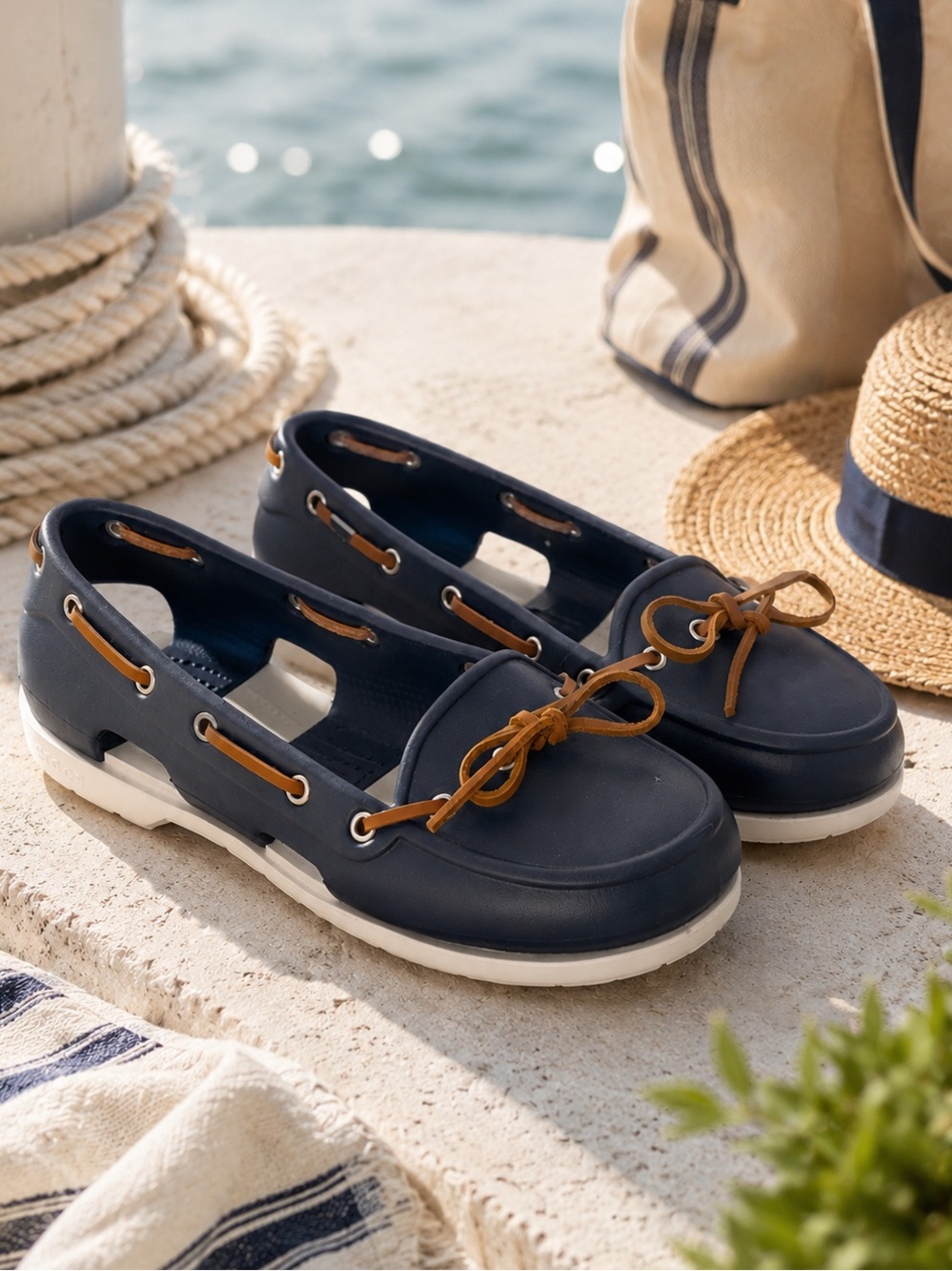 Crocs Beach Line Boat Shoe Navy White Women 8 Nautical Slip On Waterproof